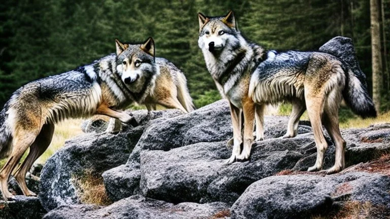 wolves on a large rock in the forest