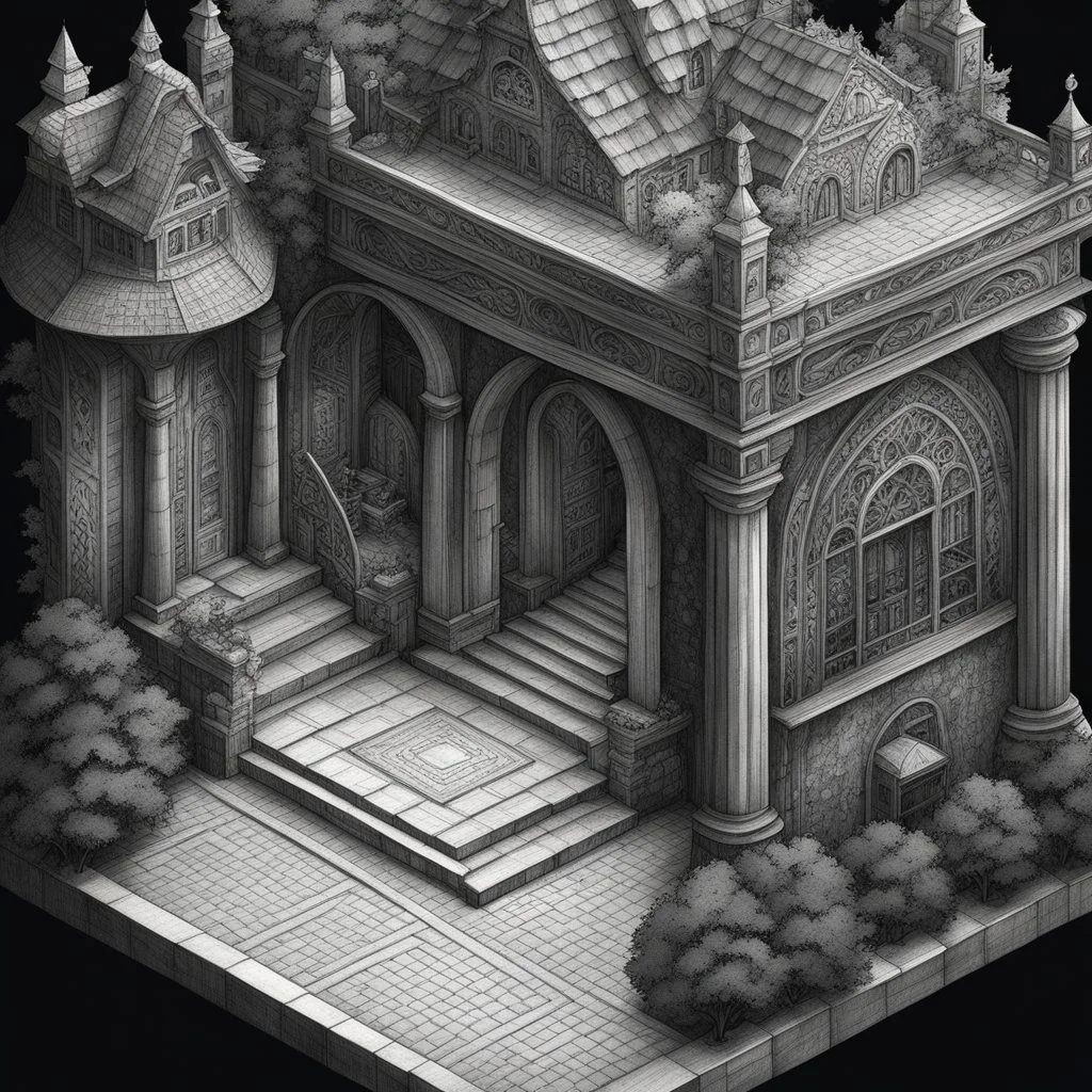 A detailed and whimsical 3d isometric illustration, created in a vintage charcoal style. This piece explores unique and fantastic architecture, with intricate details that invite the viewer to discover every corner. The figure at the entrance adds a touch of mystery and narrative to this imaginary scene. Ideal for lovers of fantasy art and traditional drawing.