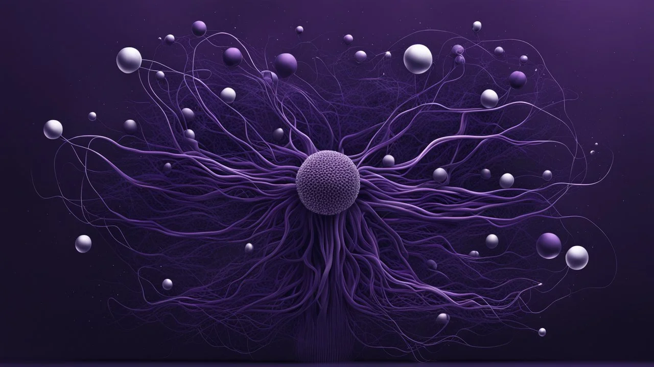 A minimalist abstract 2d digital art graphic and ink montage,. Deep dark purple background with pale neural network background, human nervous system with shiny little balls , white-dark blue-pale gray and black colors, Clean composition with strange vibe, with surreal vibe, Photorealistic with emotional with abstraction , neurodivergens soul and mind, cinematic, glitch