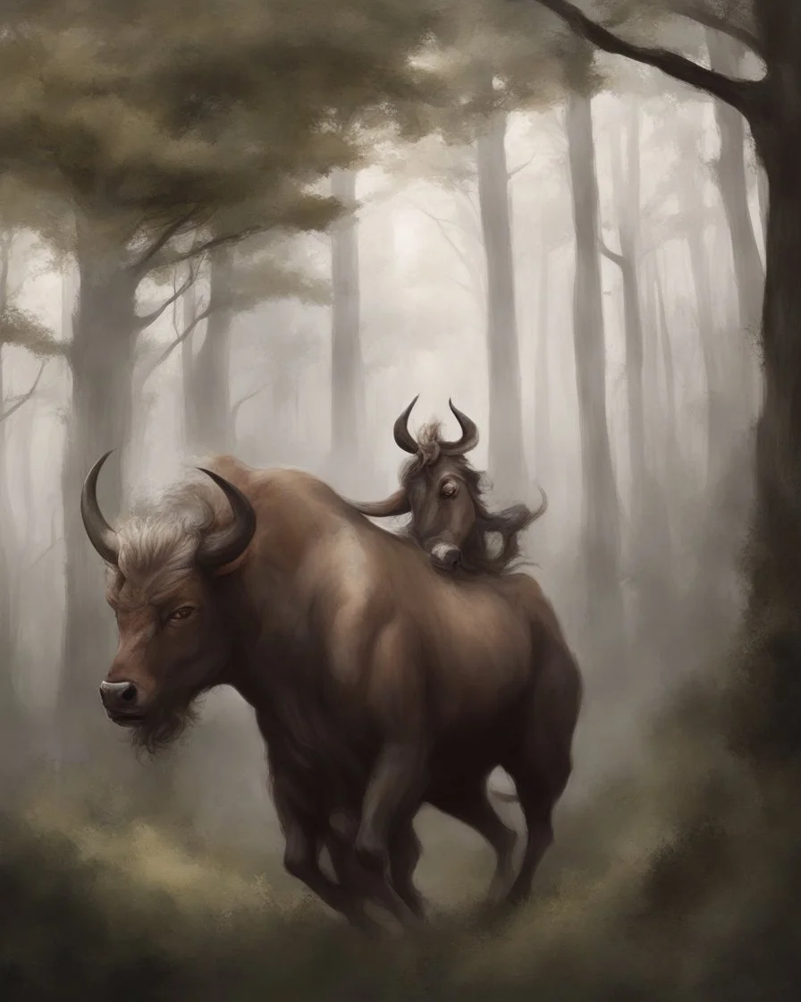 Minotaur, half man. Half bull crw majestically galloping through the dense forest in the style of Doug Hyde , fantastical landscape, soft strokes , mythology portrait, classic illustrated digital design