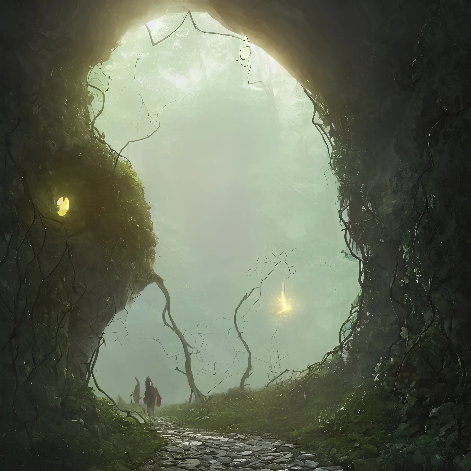 4k realistic rubble path leading to giant portal glowing covered by vines appearing in misty cave with lanterns illuminating cave by greg rutkowski