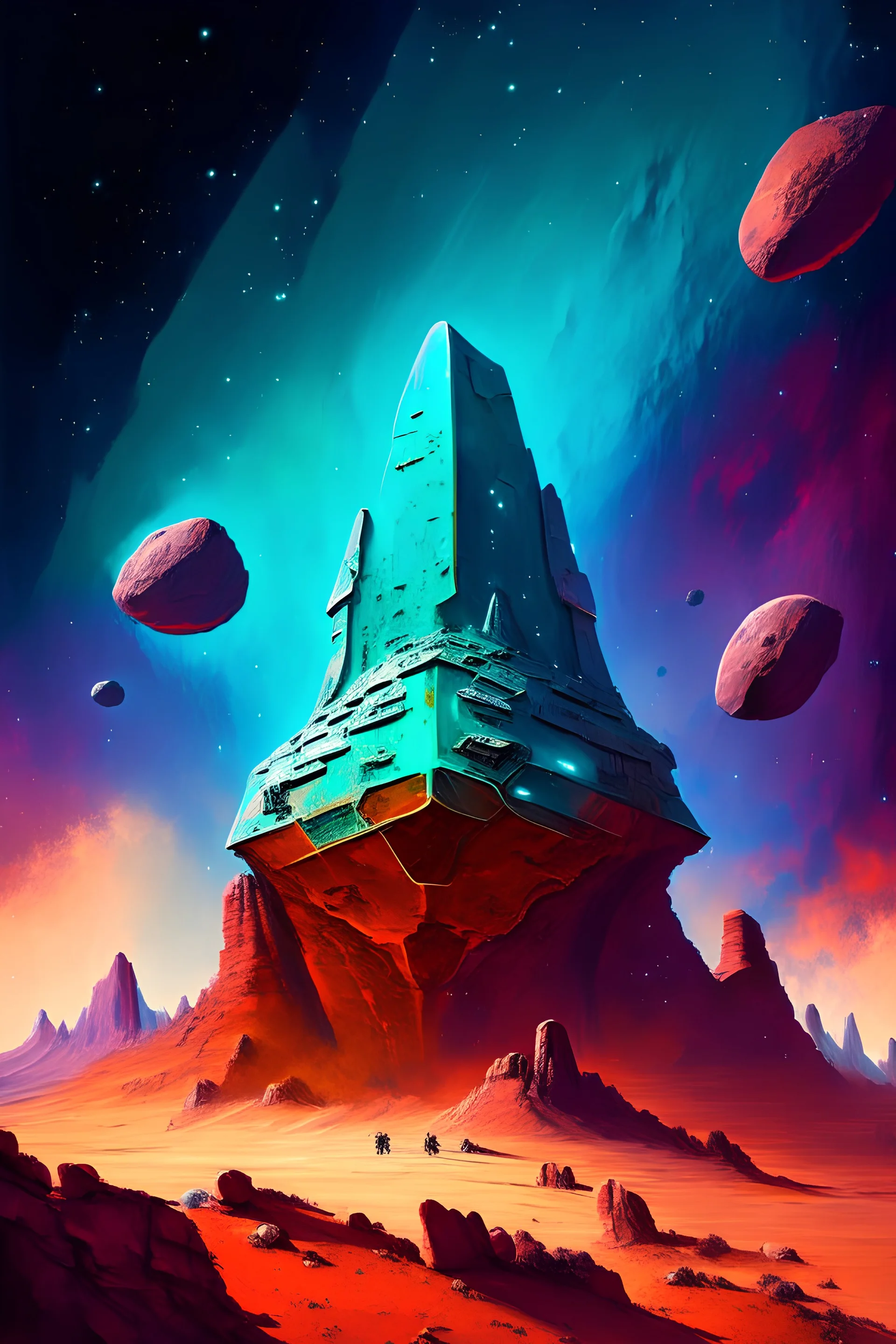 Towering starship fortress in red desert landscape with blue and green mineral rocks nebula starry sky painterly rpg art