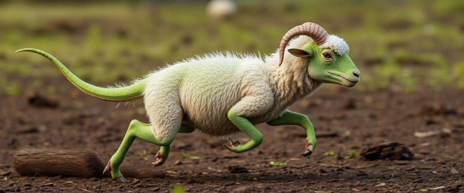 a sheep with no hair or wool, and green lizard like skin, running crazy like a dino