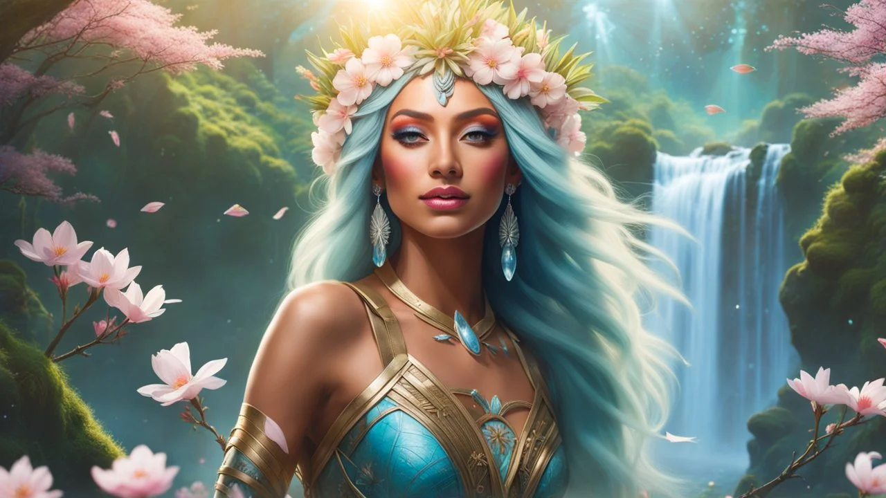 Photo realistic portrait of a gorgeous smiling skinny polynesian goddess with a golden dark shining skin, long smooth clear turquoise blue white hair, blue eyes, in a sci-fi outfit with luminous strikes blowing a kiss in a hill of flowers with sakura trees, a waterfall, a crystal palace, loads of mini flowers, moss, sun rays through the branches, particles in the air at spring