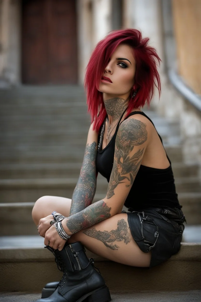 A portrait of an attractive young Italian punk girl. Photo taken on the street of Rome on Spanish stairs. Black shirt, short skirt, heavy boots, a lot of tattoos and piercings, coloured hairs, taken by Canon 5 and boke lens