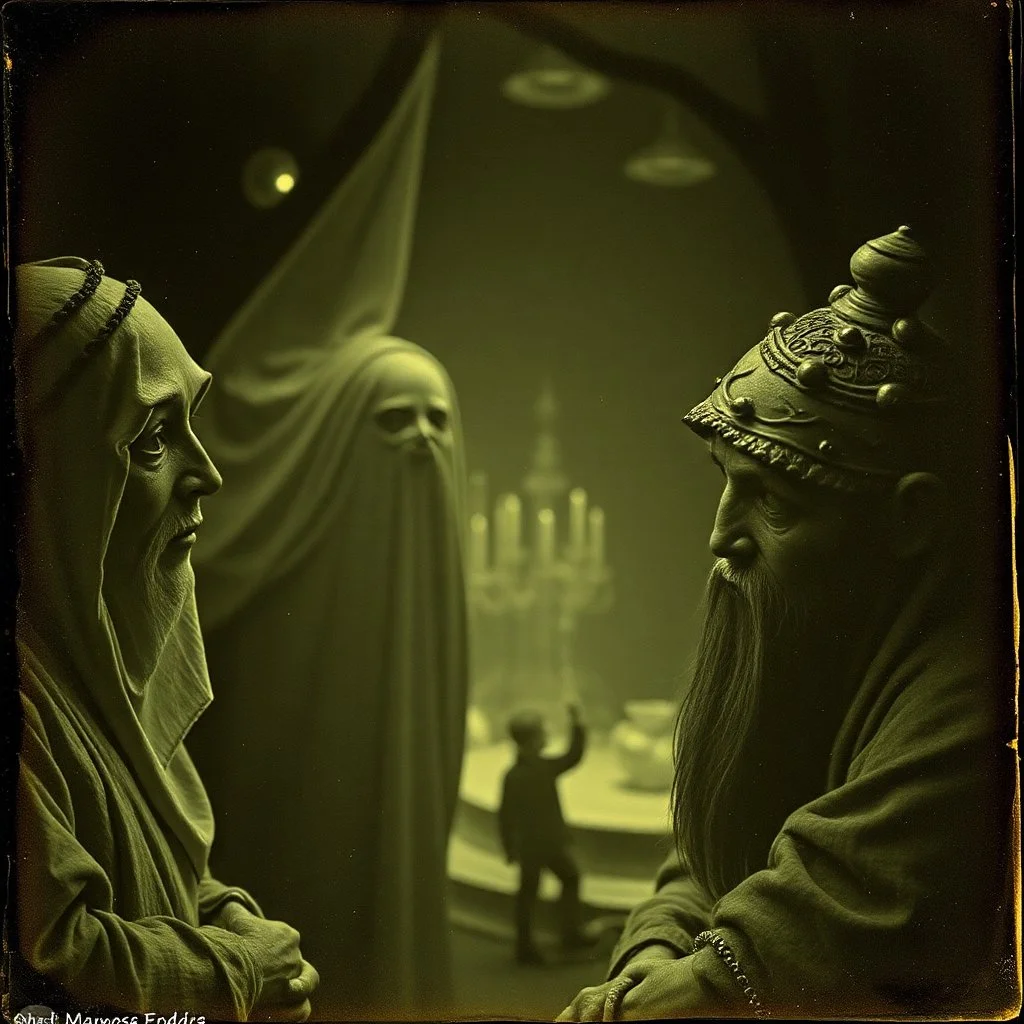 Daguerrotype close up some mysterious figures, odd background, Hieronymus Bosch Max Ernst ambient light, by Minicavio Quollati and Marlost Endgulp, Amano, Botticelli, Alphonse Mucha