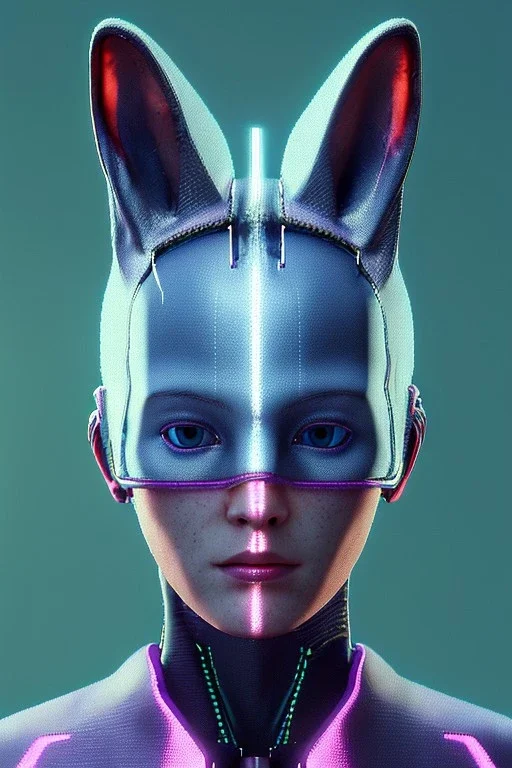 Medium Close Up Portrait, Front image. cyberpunk, rabbit mask, sweet woman, short hair. latex suit. Pink, silver, blue, color. Kenzo cyber style. Color background, photo studio. highly detailed, concept art, smooth, unreal engine 5, ray tracing, RTX, lumen lighting, ultra detail, volumetric lighting, 3d, finely drawn, high definition, high resolution.