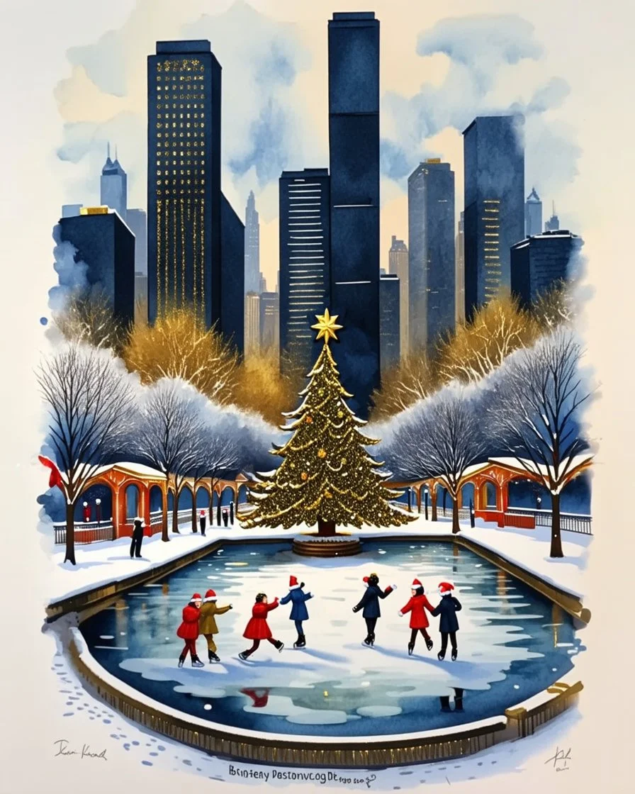 imagine an Art Deco style watercolor painting with gold foil applied to buildings. image of a Winter Park with a frozen pond, a Christmas tree, ice skaters, in foreground. background shows a cityscape with dark blue buildings accents with gold foil and One building is entirely gold foil. Christmas vibes, festive, elegant styling. MY PROMPT ABOVE. I used Microsoft Designer to create these images. I love how they turned out!