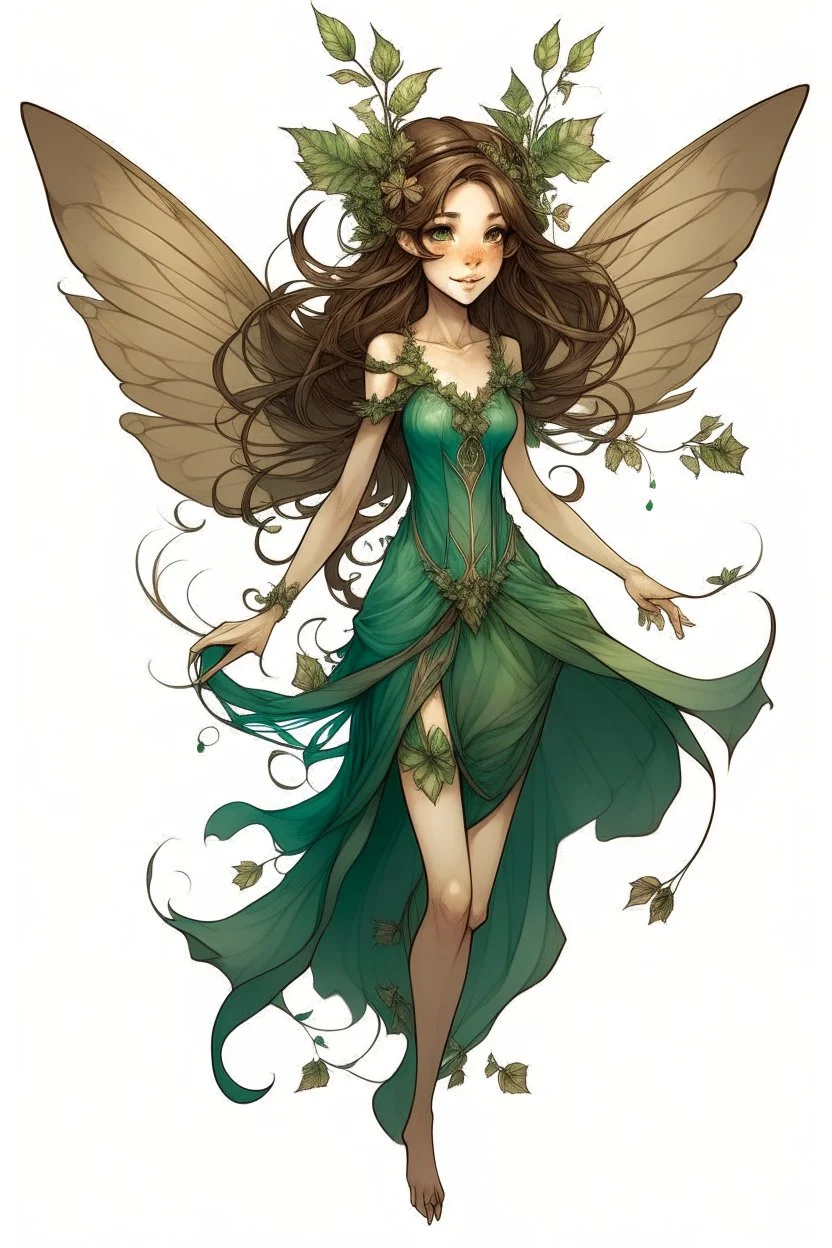 Forest fairy with iridesand teal wings and a cute short leaf dress and pointed ears and multiple vine earings and ear cuffs flying through a mythical forestand brown wavy hair trailing her
