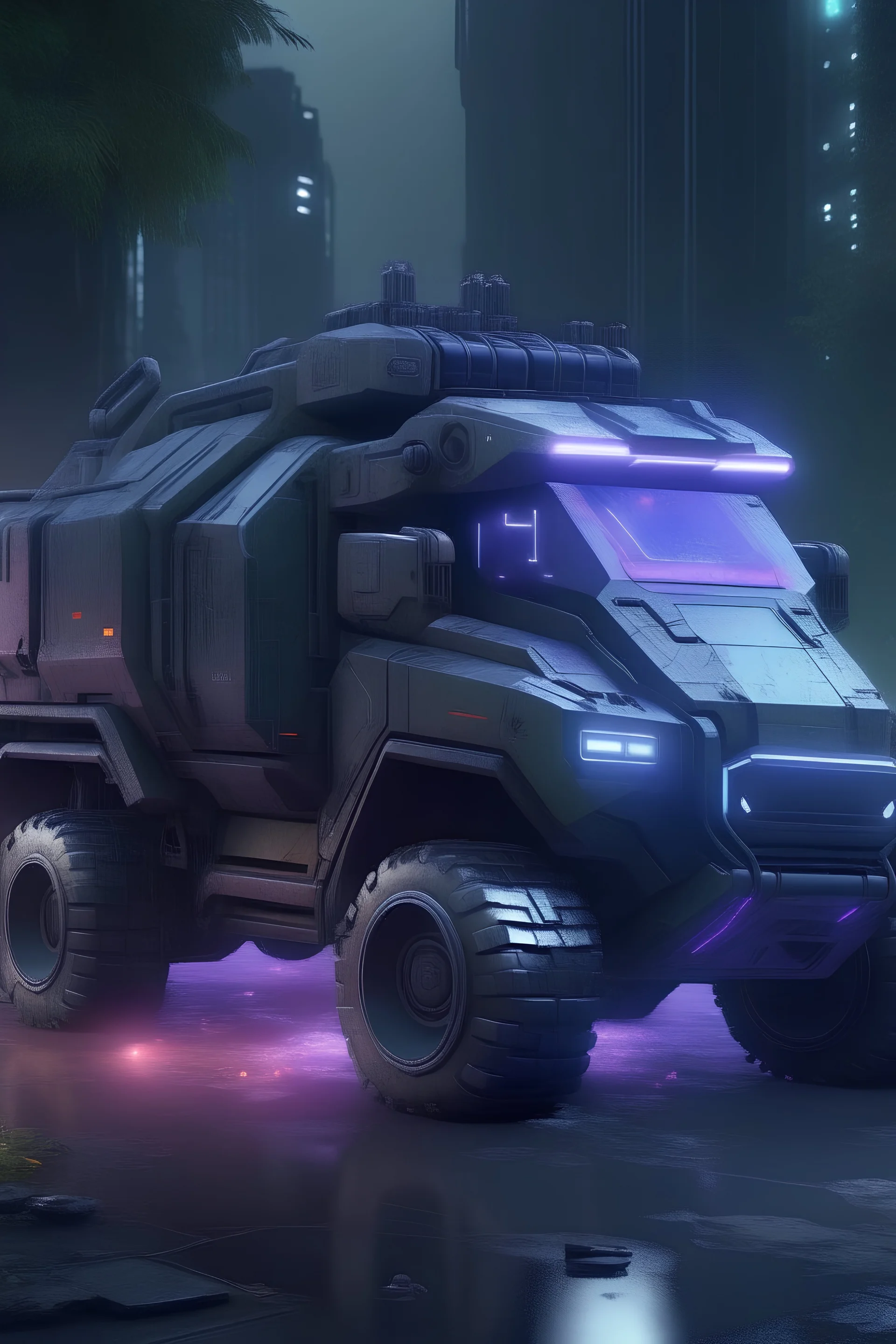 wartorn mobile command vehicle on a holographic battleground in an extraterrestrial metropolis