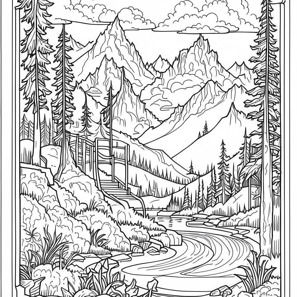 Outline art for coloring page with a cute mountain landscape white background, sketch style, only use outline, clean line art, white background, no shadows, clear outline reprezentand o imagine pe tema halucinatiilor provocate de droguri , cu culori primare tari, fantezie de înaltă definiție calitate clară, stiluri de Utagawa Hiroshige, Paul Klee Dee Nickerson și Tim Burton, acuarelă topită și contururi de cerneală neagră pe hârtie umedă, linii moi, umbrite