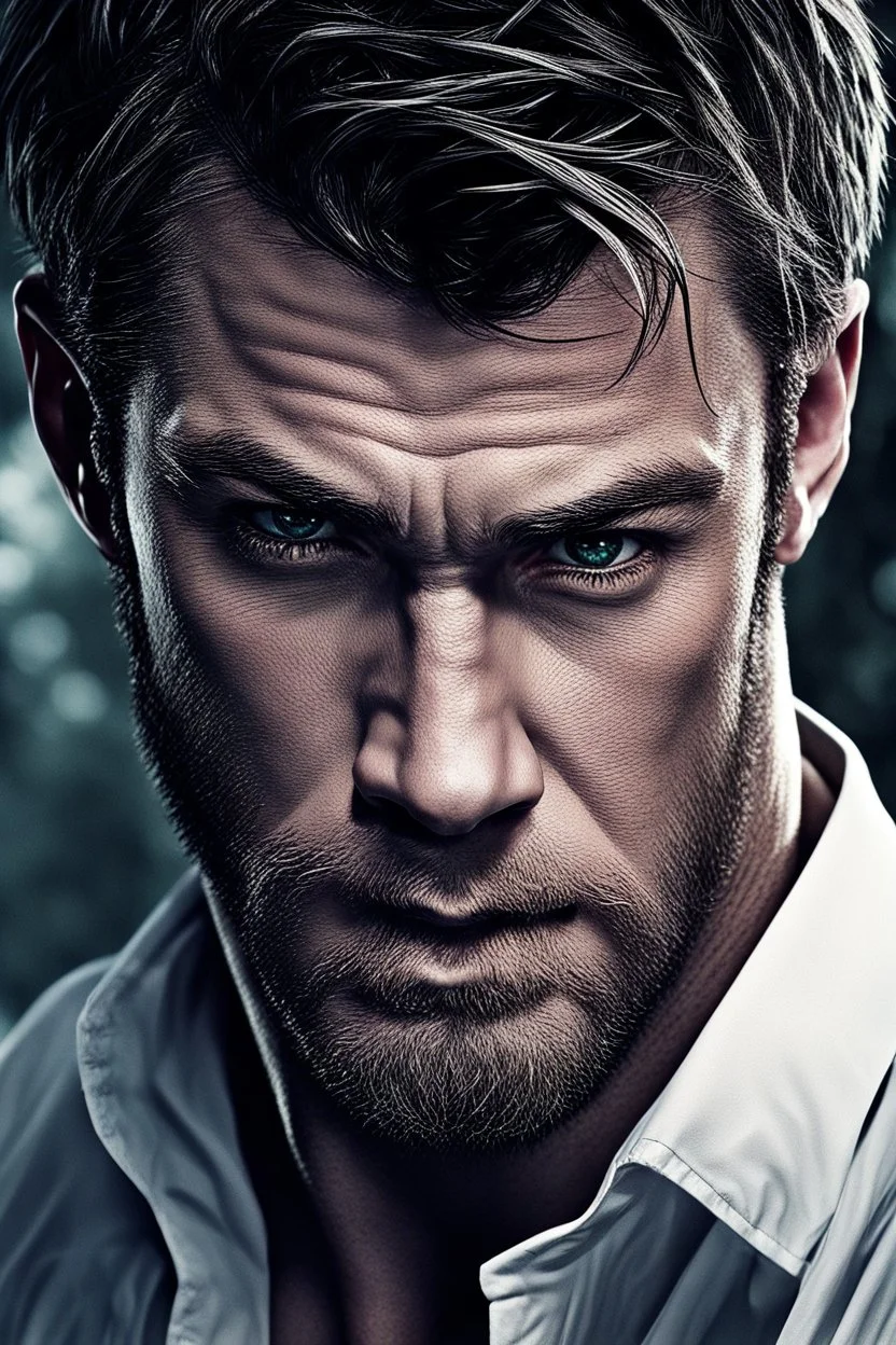 Portait young chris hemsworth as fantasy alpha werewolf in human form very muscular short cropped black hair and stubble on chin, tribal tattoos wearing white button up shirt with rolled up sleeves realistic face, close-up, dark fantasy, fantasy forest, intricate details, hyper detailed, photograph