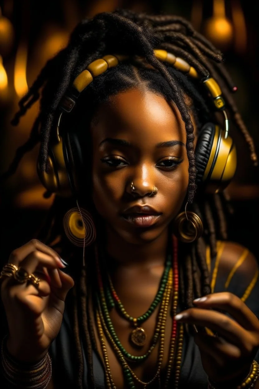 earthy black young woman listening to music with small old school headphones, soul, peace, majestic, earthy colours, at peace, happy, incense, jewels, bands, natural, old school headphones, blasian eyes, incense, very dark skin, crystals, gold arm bands, locs with beads, mouth slightly open, full lips with liner, baby hairs