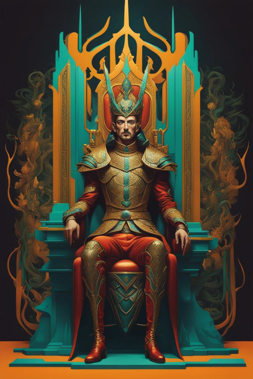 Ilustración lineal arte surrealista estilo Salvador Dalí de un rey Elfo en el trono con armadura cyberpunk, full body, hiperdetallada, increíble obra de arte, colores complementarios, maximalista