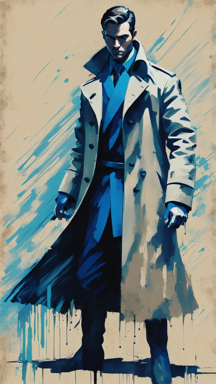 a photo painting of a man in a trench coat, in combat stance, artgram, cobalt blue, cyan, beige and grey color scheme, reduce character duplication, epic, detailed color scan, moderate glitch pattern visual noise, tint leak