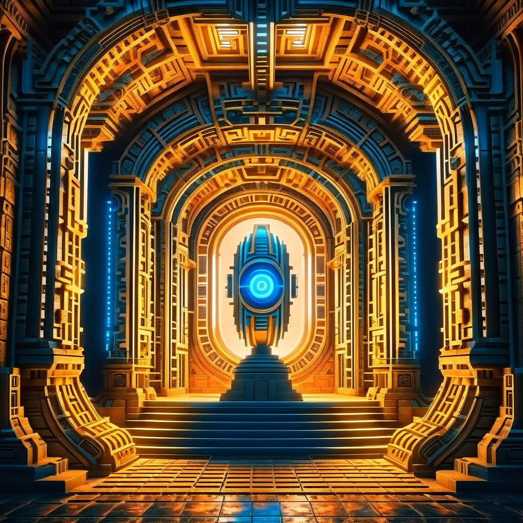 dorment ancient godlike chat robot in the style of escher, in front of teleporter portal to the sea in an underground grove, 8k, down-light, soft light, depth of field, photo realism, trending on art station, high detail