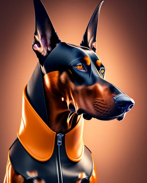 Hombre antropomórfico vista frontal cara humana orejas de perro Doberman obra de arte traje futurista hiperdetallado fantástico nítido cuerpo completo cabeza completa cabeza no recortada piernas completas botas completas botas no recortadas altura 1,75 clima soleado arte arte digital colores contrastantes 8k