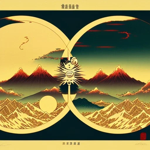 Ukiyo-e styled art, yin and yang sign, mountains and sun