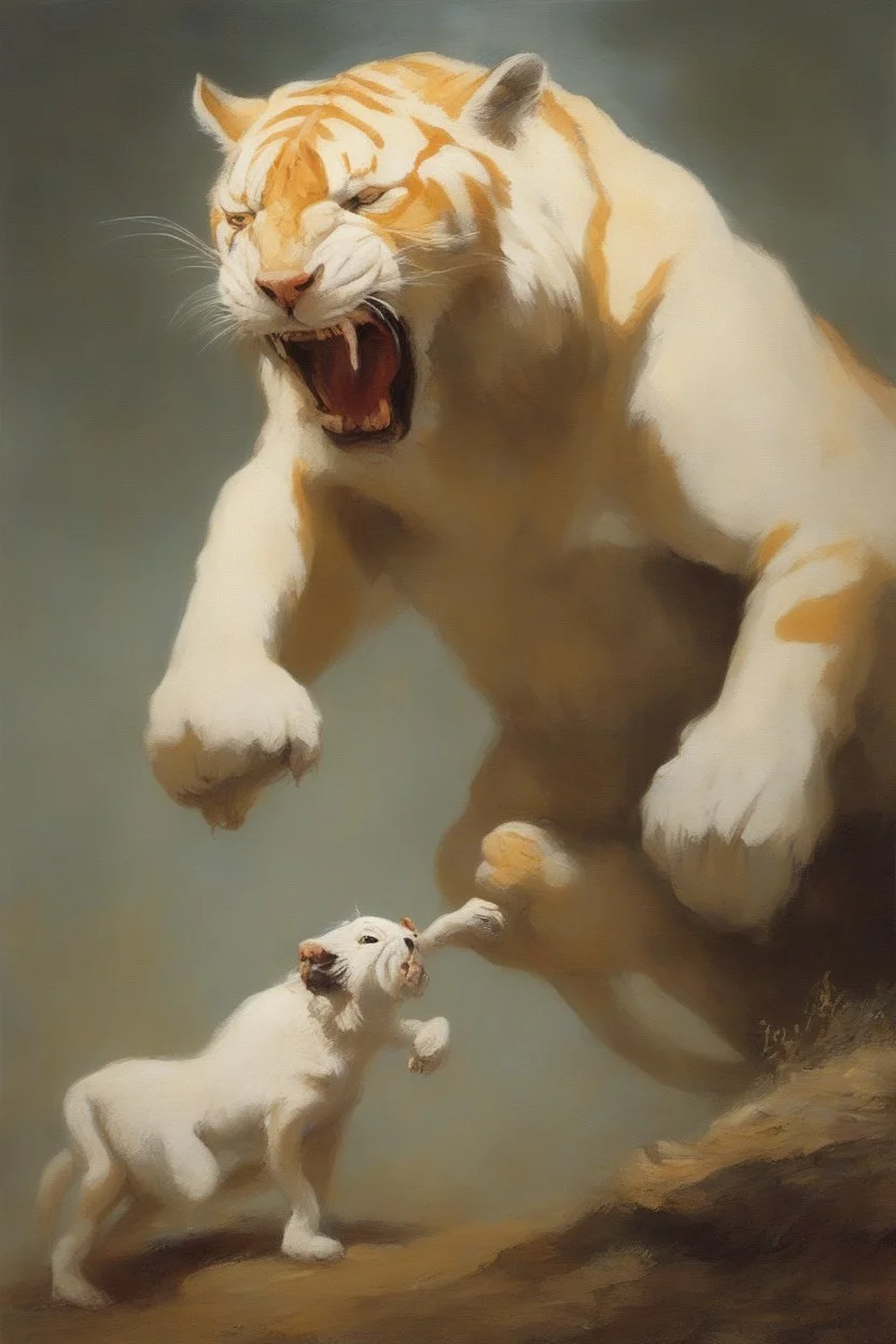 A giant albino Bengal tiger smacking the head off of a Kangaroo - oil painting by Frank Frazetta