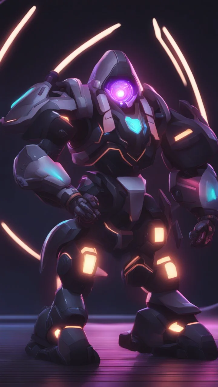 A close picture to Ramattra nemesis form in overwatch art style with black color and neon purple details