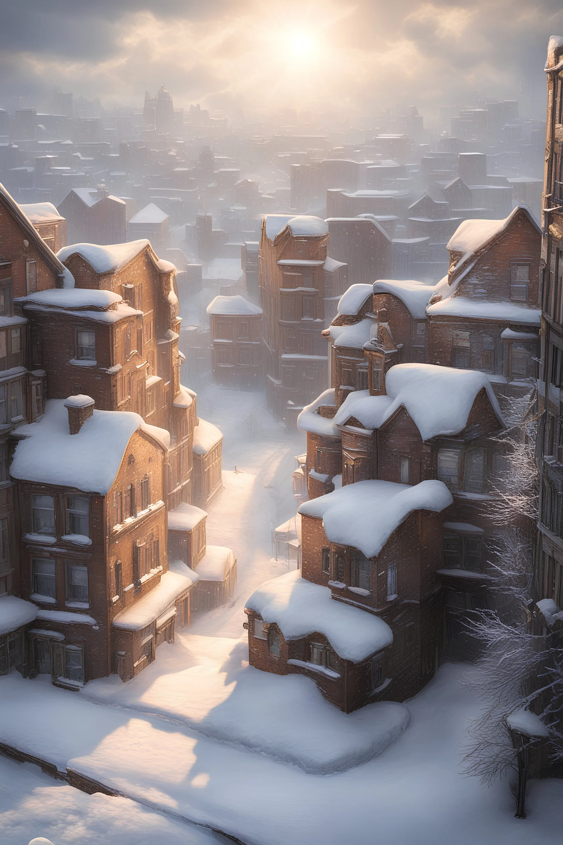 As the first day of winter arrives, the city is blanketed in a thick layer of snow. The sun's rays peek through the clouds, casting a warm glow on the hyperrealistic city houses. Imagine the intricate details and textures that could be rendered in this scene.