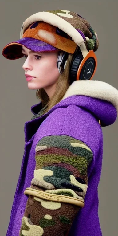 Brunette she. average body type. Mantle is sewed of recycled Denim and sewed together of camouflage pieces. Camouflage colors are orange,terracotta, cream and purple. It is with big bright purple felt tippet and cream-colored-hood. mantle is merged with satchel. . AKG-style headphones (gold rings!) is merged with small felt cap with small visor. Style: Haute Couture in 1936, Paris fashion in 2023, inspired by street art. Cream latex gaiter. Her head and rest body!