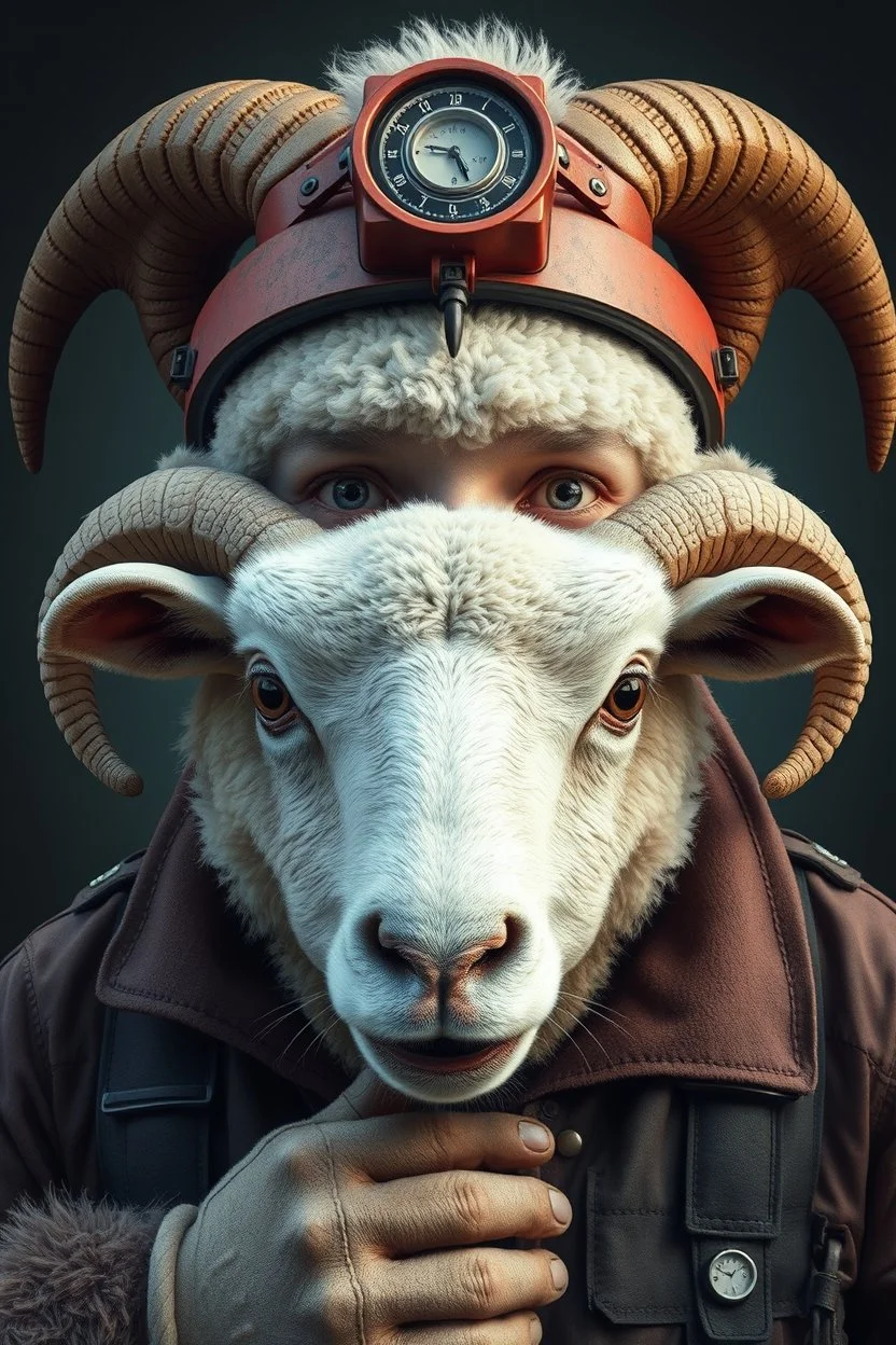 with heading (autofarm) in poster form,a portrait of a fat head mechanic sheepman, man is eating a hybrid mixed body part sheep, giant eyes sheep alien style H.R giger look