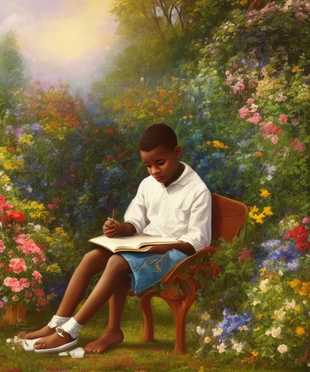 Abstract painting wealthy young african American boy reading in garden