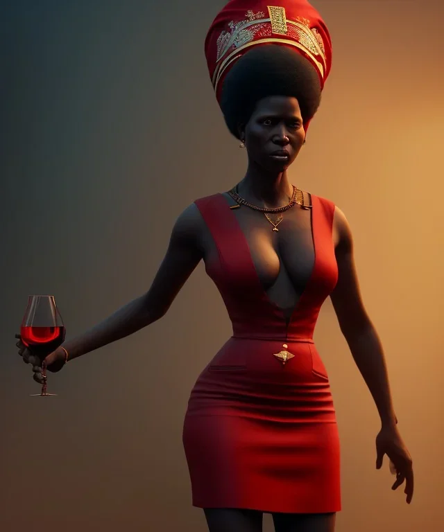 Negra Francisca, beautiful, curvy body, mature African slave, simple red fabric dress, beautiful long black hair, red headband, head and shoulders portrait, holding glass of wine, 8k resolution concept art portrait by Greg Rutkowski, Unreal Engine 5 volumetric lighting