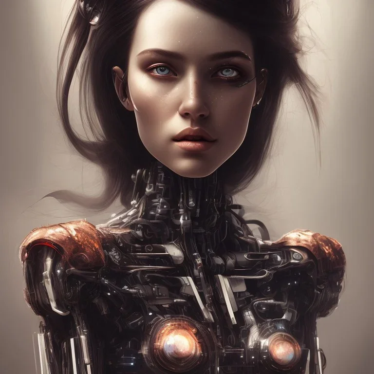 wonderfull portrait only woman half face robot rust, long black hair, intricate, sci-fi, cyberpunk, future,