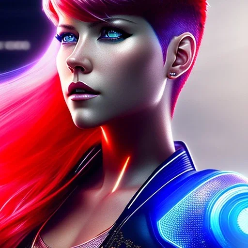 Katheryn Winnick, Cyborg anime warrior, cyberpunk, light red blue short hair, pixie hairstyle, cobalt eyes, waist up portrait, 8k resolution, retroanime, intricate details, neon details, soft lighting, vibrant colors, masterpiece, intricate eyeliner, dark eyeshadow, eyes, intricate tattoos, gradient background