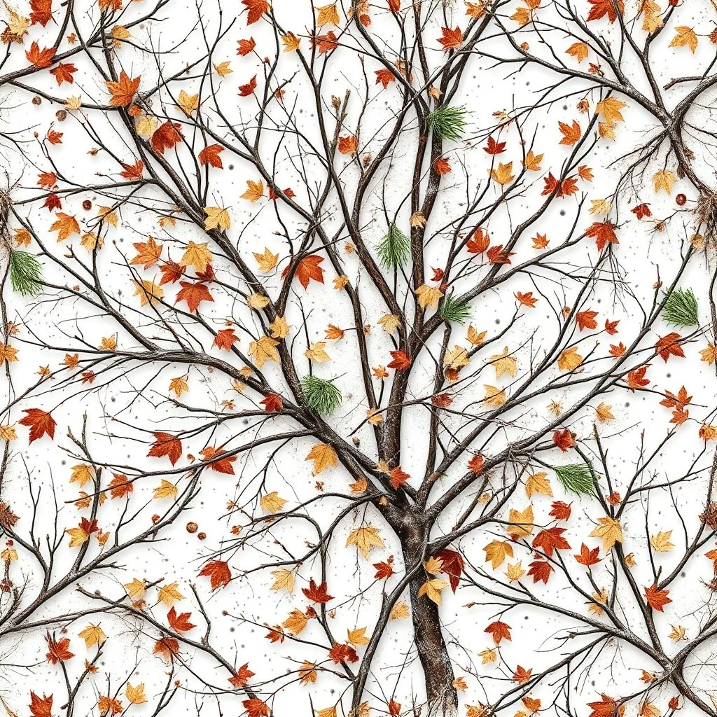 detailed Real Tree Camouflage made of bare bush branches, fir branches, dried maple leaves, snow and dirt, white background, seamless repeatable texture camo pattern