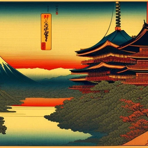 Ukiyo-e Style , mount fuji, sun set