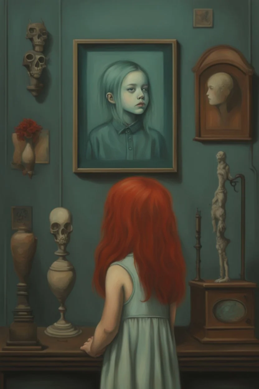 Little girl with red hair in Cyberpunk wunderkammer painted by Magritte, unsane details, soft colors