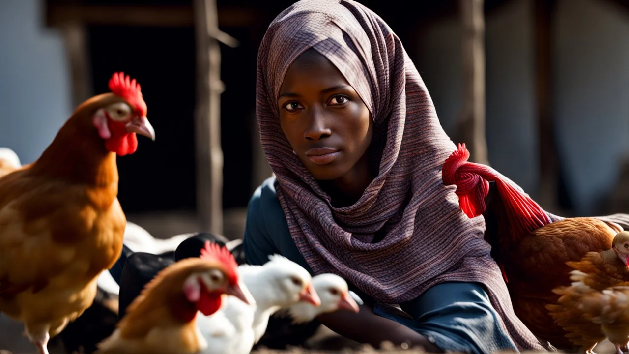 young village eurepen woman in a long village cloth with head scarf back to the camera feeding chickens in the yard, Photorealistic scene, ultra detailed, high realistic, epic, perfect photo