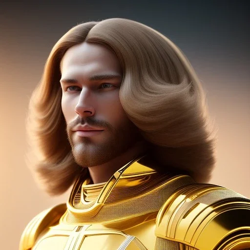 beautiful cosmic golden male, long hair, nice smiling, delicate colors, beautiful glamour galactic golden dress, ultra sharp focus, 8k, unreal engine 5, extremely sharp detail, light effect, soft light atmosphere of a spaceship, smooth, full of details, face in front, complete vision of face and body