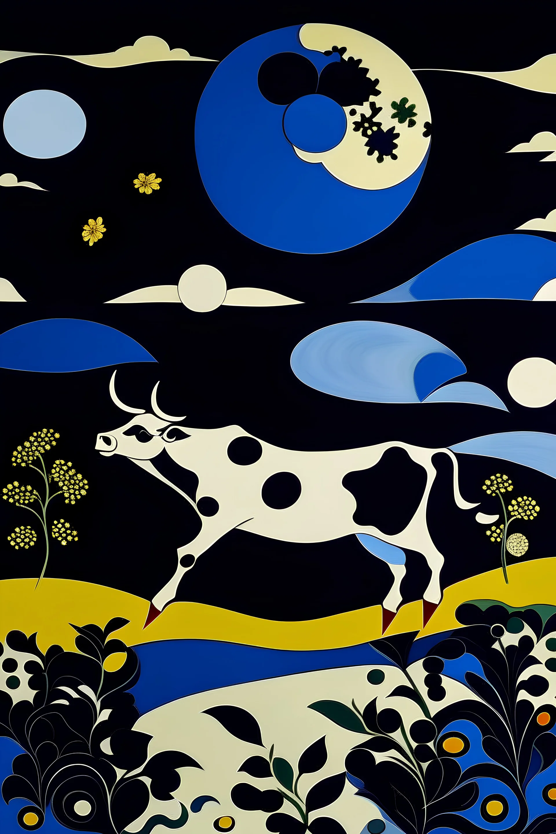 una vaca saltando en la llanura pampeana argentina bajo una luna brillante al estilo de Henri Matisse