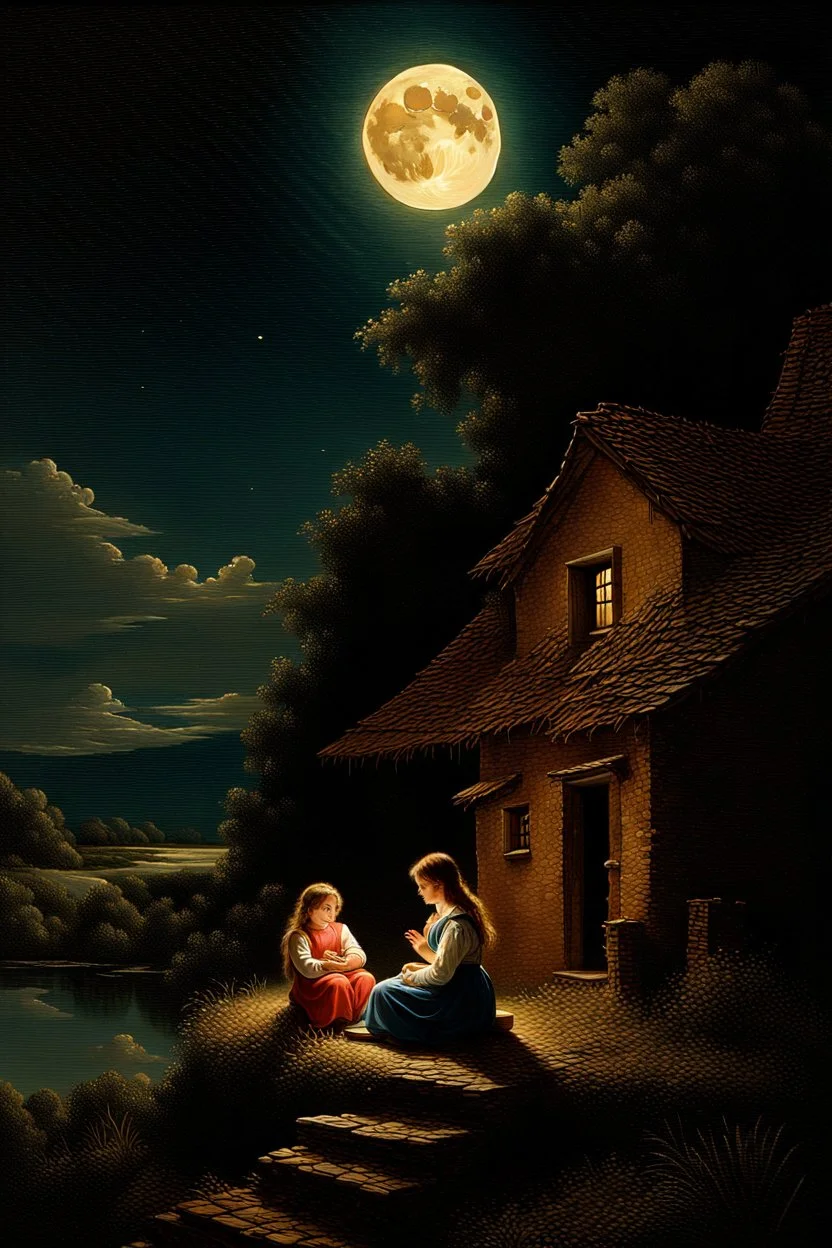 A medieval village, a river, a young boy and a young girl sitting outside a small farmhouse looking at the sky, in awe of God’s creation and God’s mighty power, Full moon, beautiful celestial sky, Milky Way, hyper-detailed art by Ivan Kramskoi. Modifiers: elegant intricate oil on canvas beautiful high detail award winning fantastic view crisp quality hdr Evolution steps: (See in details)