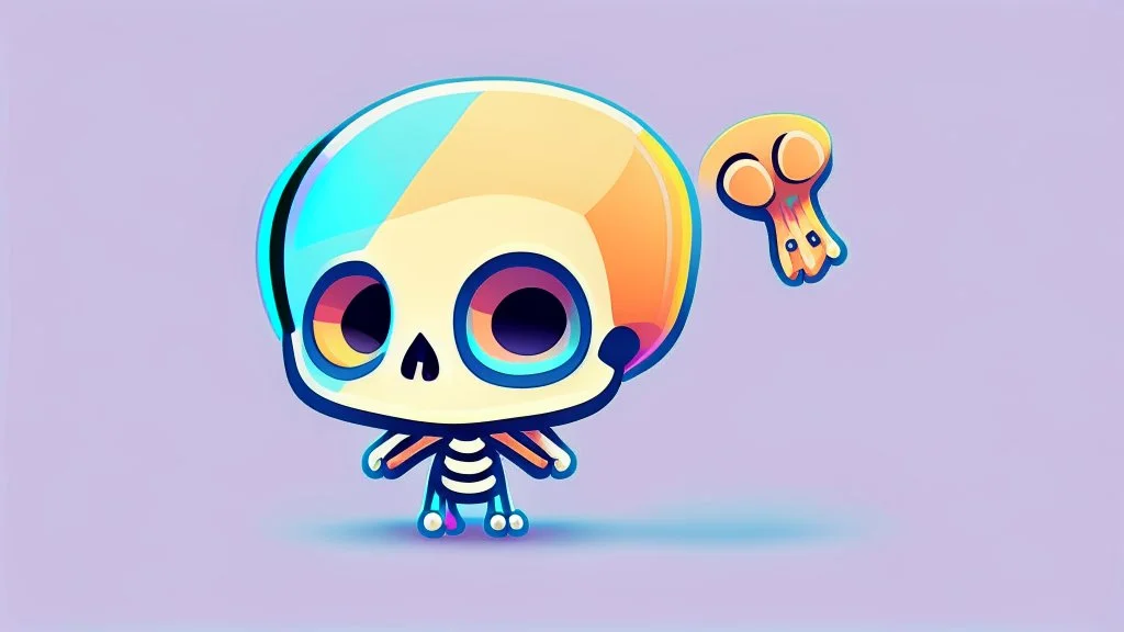 Cute chibi-style bony skeleton, cartoony, colorful, exaggerated, simplified, adorable