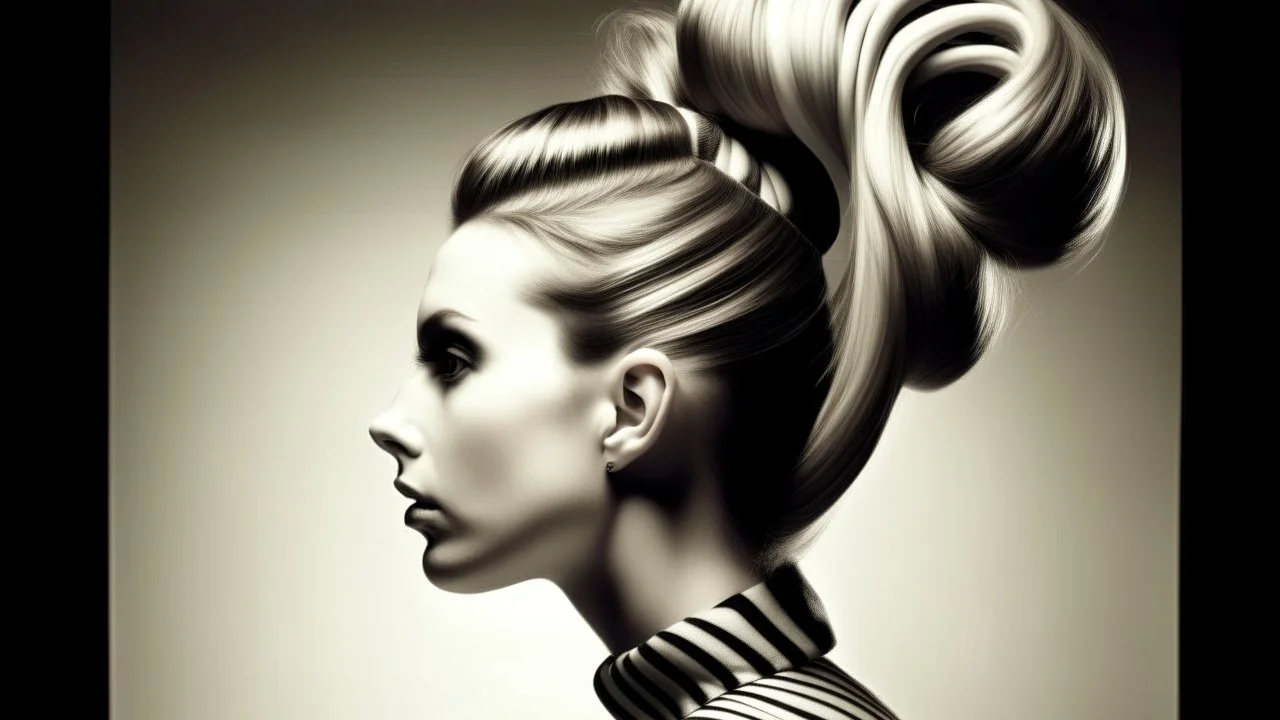 retrato en primer plano de Modelo Piel animal rayada Victory rolls Fondo vacíos arquitectónicos Duotono