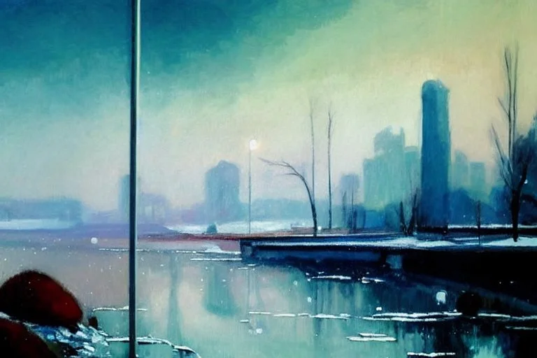 City, city lights, distant city, lake, lake reflections, vegetations, winter, ice, rocks, lesser ury impressionism painting