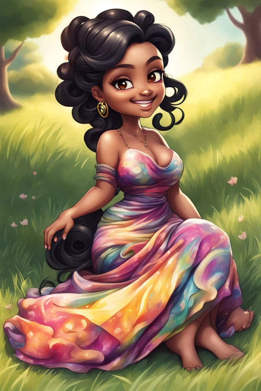 An airbrushed chibi black cartoon of a curvaceous woman with flowing black hair twisted up, wearing a colorful maxi dress. She sits relaxed on the grass facing the warm sunlight, which illuminates her face as she looks to the side with a small smile, accentuating her prominent makeup and brown eyes.