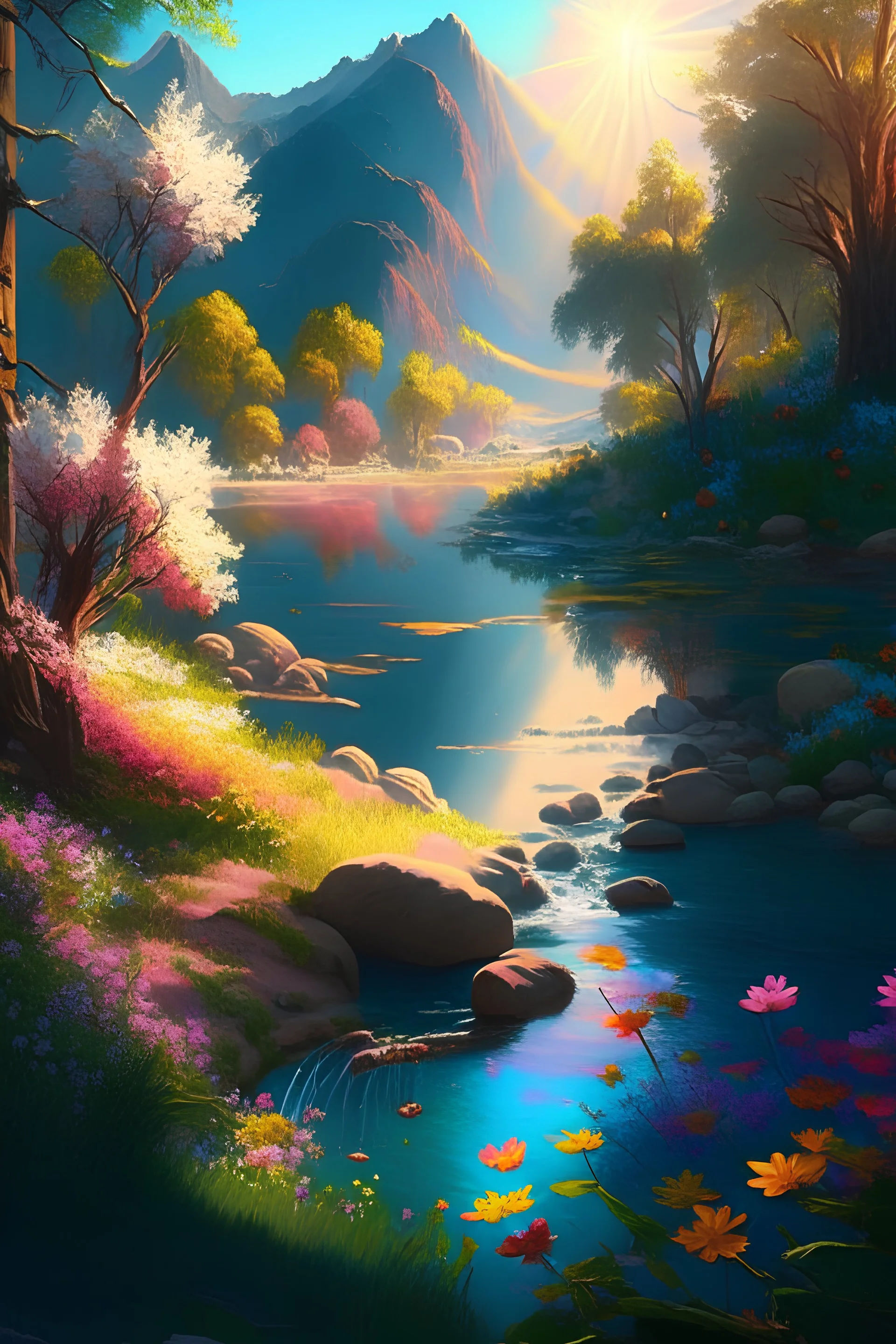 full light,highlight, trees, river, day, sun day, an idyliic forest with bright colorful flowers, mountains, sun,flower, a small river, paradise