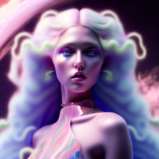 Entire white woman with legs, long blond hair, blue eyes, pink and blue dress in a galactic ambiance, delicate colors in the foreground, full of details, smooth, light effect，vaporwave colorful, smooth, extremely sharp detail, finely tuned detail, ultra high definition, 8 k, unreal engine 5, ultra sharp focus