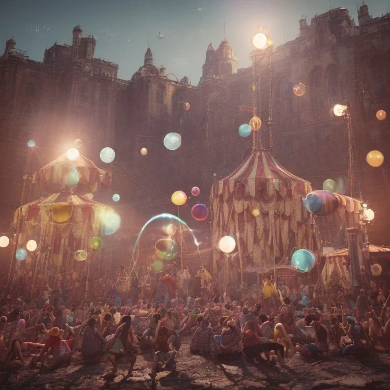 Ultra realistic circus scene. Woodstock style, happy, color bubbles, smooth color, waist up view, Wes Anderson style, a lot of people background, highly detailed, concept art, unreal engine 5, god rays, ray tracing, RTX, lumen lighting, ultra detail, volumetric lighting, 3d, finely drawn, high definition, high resolution.