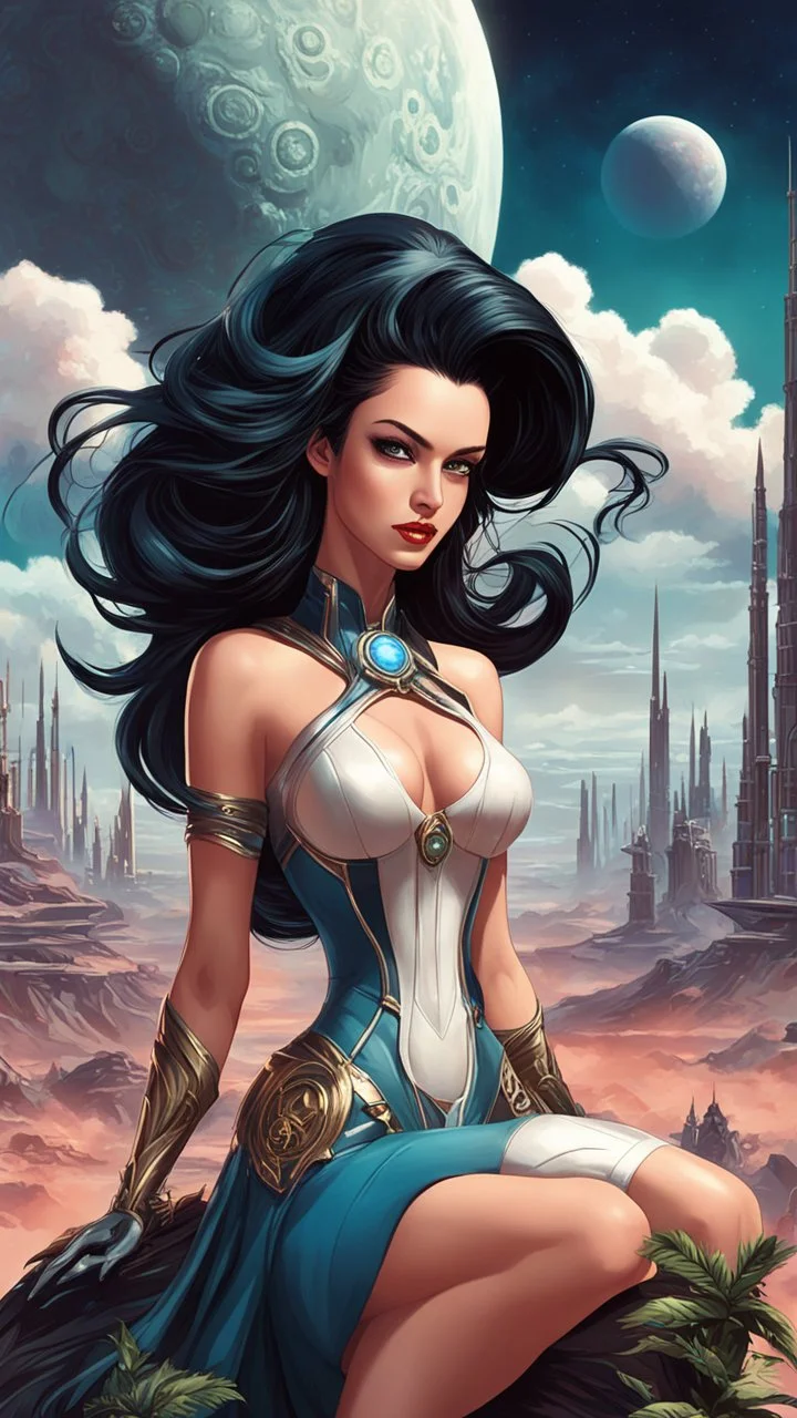 exotic sci-fi pin-up girl, with long dark hair, on an alien planet with cloud trees, tall spires and buildings