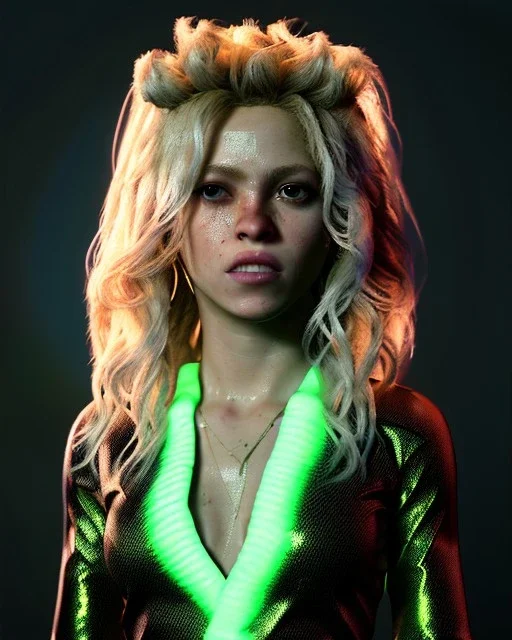 portrait, Shakira, blonde artist, angry, Realistic image, MMA robe, hoodie, mma gloves, loose long hair, eyes, makeup, gold line make up, moisture, sweat, fog, goddess, Neon colors, leds. Black background, photo studio, concept art, smooth, unreal engine 5, god lights, ray tracing, RTX, lumen lighting, ultra detail, volumetric lighting, 3d, finely drawn, high definition, 4k.