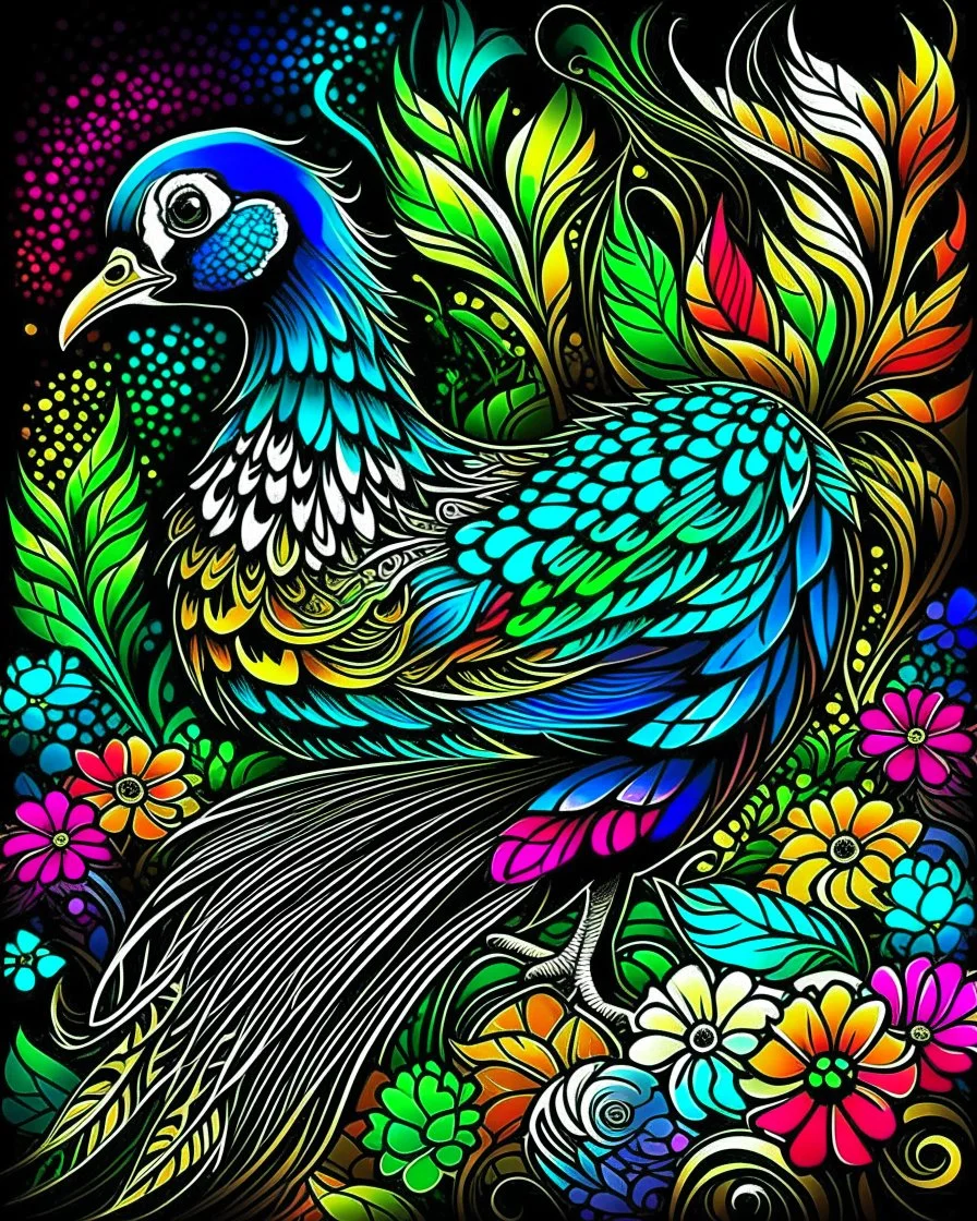 colorful peacock, black backwound, adult book cover