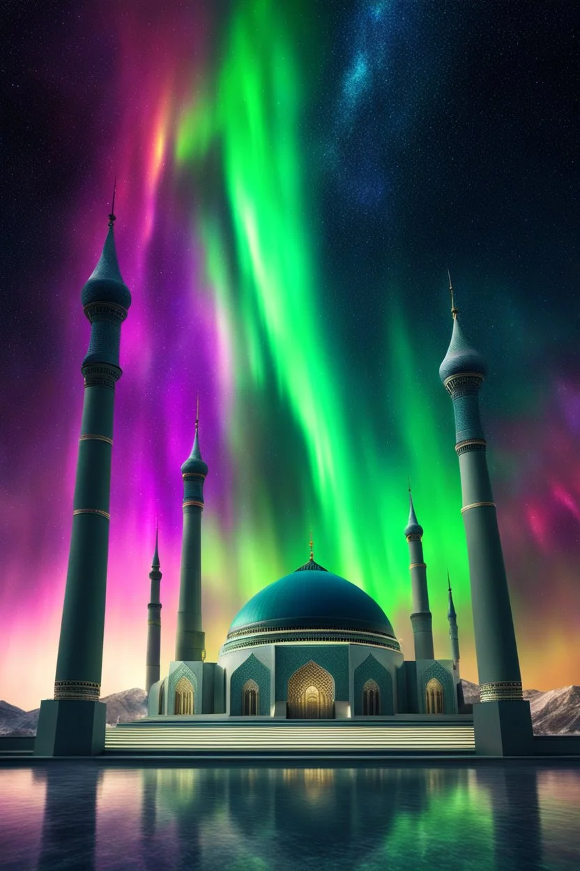 A realistic islamic Mosque modern futuristic, dramatic Colors Aurora nebula sky.