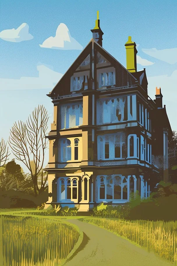 Disused, Victorian Manor House, Blue Sky, Over-Grown Fields, Vector Art